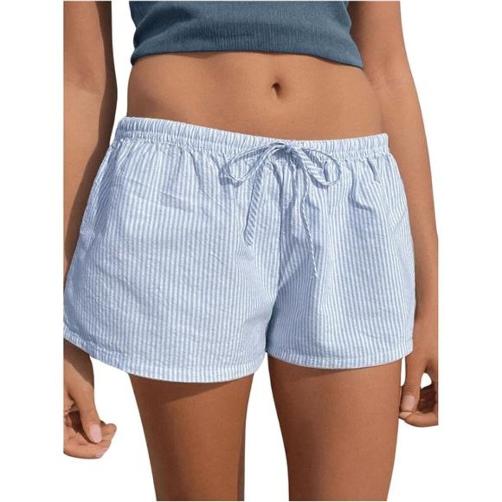 Women's Striped Print Drawstring Elastic Waist Shorts Casual Wide Leg Low Rise